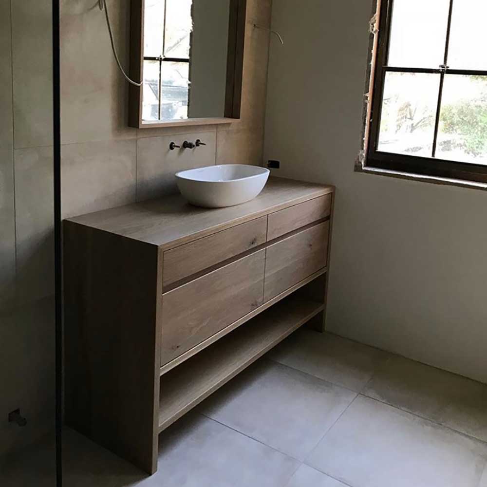 Bathroom: American oak freestanding vanity with matching mirror