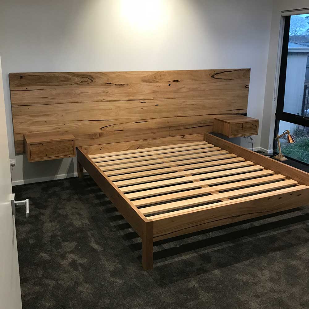 Bedroom: Recycled messmate with built-in bedsides