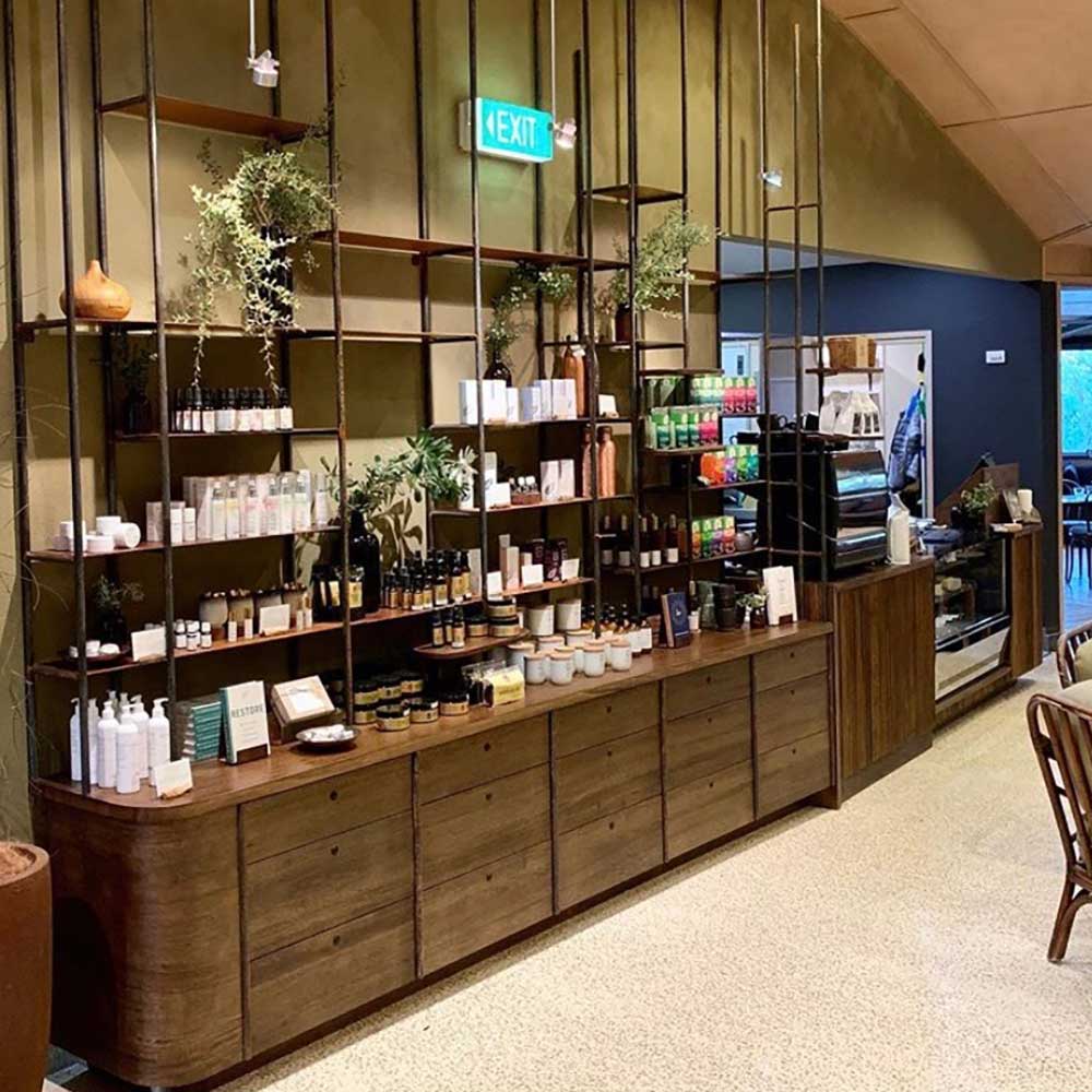 Commercial: Rustic shelving retail display (Peninsula Hot Springs)