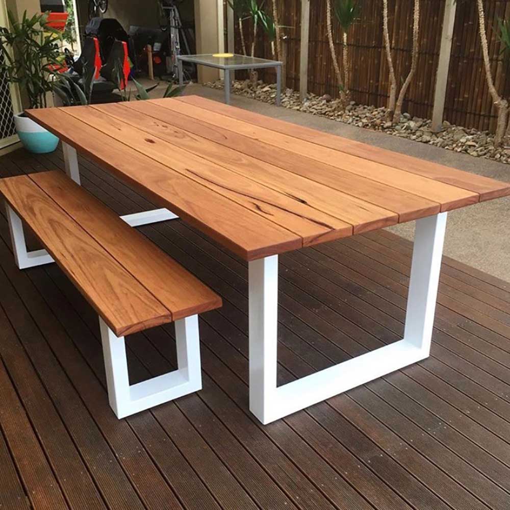 Outdoor: Blackbutt outdoor table and matching bench with white metal bases