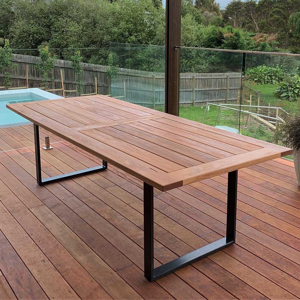 Outdoor: Mixed hardwoods outdoor table with custom steel base