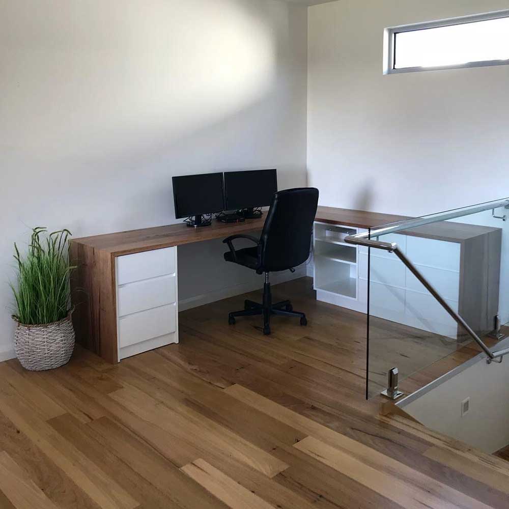 Study: Messmate waterfall bench tops with white cabinetry